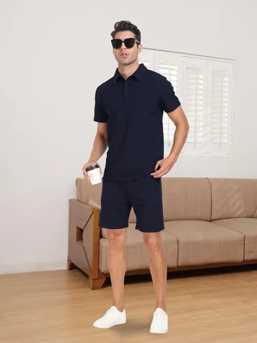 Vista 4 de WIGUREN Conjunto de camisa polo y pantalones cortos para hombre, conjunto de 2 piezas, de verano, casual, de punto gofre, de manga corta, para hombre