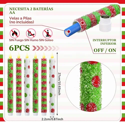 Vista 2 de Baquler 6 velas cónicas sin llama de Navidad de 10.6 pulgadas con temática de elfo, velas LED de Navidad que funcionan con pilas, candelabros