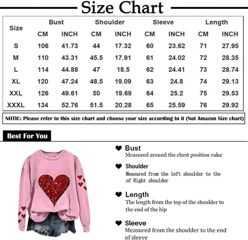 Vista 4 de Sudaderas para el día de San Valentín para mujer, cuello redondo, manga larga, con estampado de corazón, blusas con estampado de corazón