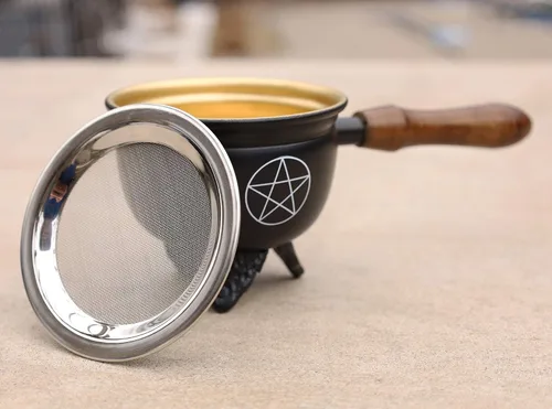 Vista 3 de Quemador de incienso de carbón de metal grande con mango de madera (Pentagrama)