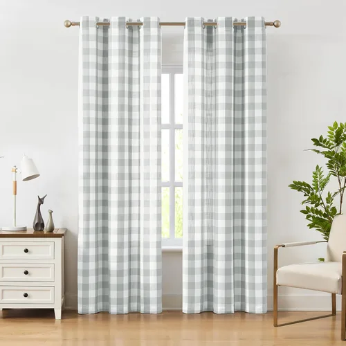 Vista 15 de Amzdecor Cortinas a cuadros con ojales de búfalo de 54 pulgadas de largo, cortinas texturizadas semitransparentes para sala de estar, dormitorio