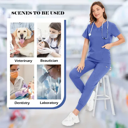 Vista 5 de niaahinn Conjunto de traje médico para mujer, moderno cuello en V + pierna con cordón, pantalones deportivos para enfermería médica (ceil, talla M)
