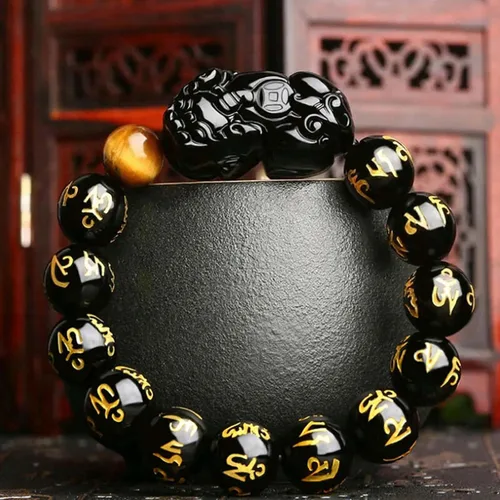 Vista 45 de Pulsera de obsidiana negra, pulsera de obsidiana negra Feng Shui para mujeres y hombres, pulsera elástica de obsidiana con piedra de ojo de tigre