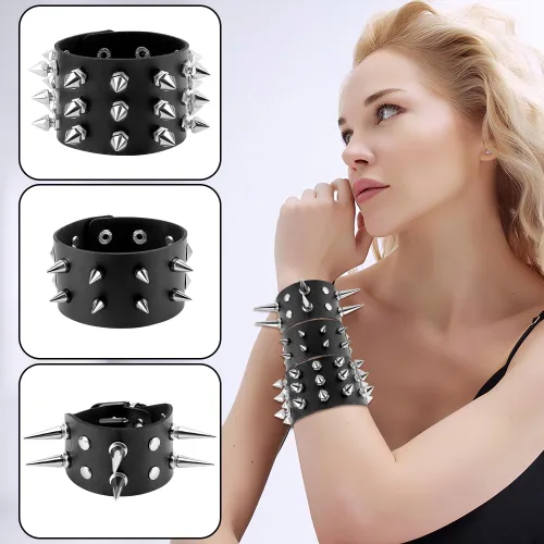 Vista 3 de Pulsera con tachuelas, Spike Punk Goth Punk de cuero para mujeres y hombres