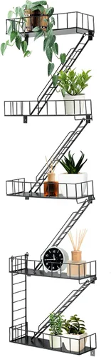 Vista 12 de Zonon Estante de pared de escape de incendios, estantes de escalera de metal, decoración de pared, estantes flotantes, estante de figura de acción