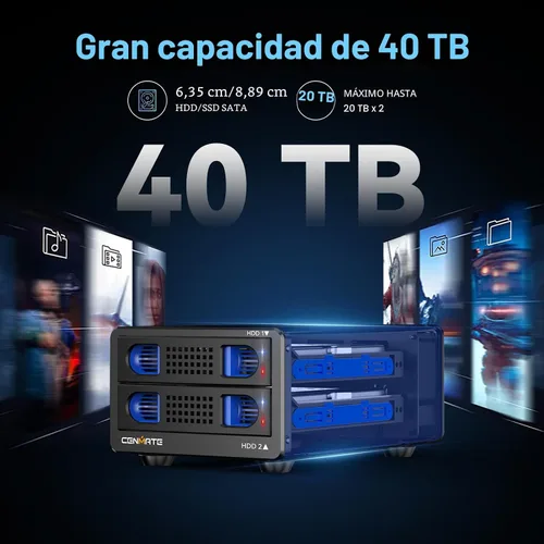 Vista 2 de CENMATE Caja de Disco Duro de Aluminio de Doble Bahía con Ventilador de Enfriamiento para HDD/SSD SATA de 2.5"/3.5" con USB A/C 3.0, Soporte