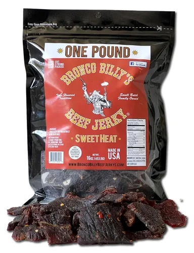 Vista 10 de Bolsa resellable de media libra de carne de res con sabor a bourbon Bronco Billy's Beef Jerky