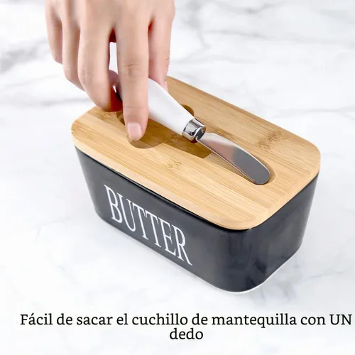 Vista 9 de Hasense Porcelain Butter Dish with Lid, Knife & Seal for Countertop Black Negro