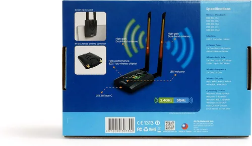 Vista 4 de 【Nueva versión tipo C WiFi USB】 ALFA AWUS036ACH Adaptador inalámbrico Wi-Fi de banda dual AC1200 de largo alcance con 2 antenas externas de 5dBi