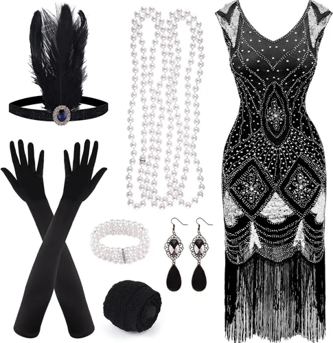 Vista 2 de PLULON 1920s Sequin Beaded Fringed Flapper Dress with 20s Accessories Set