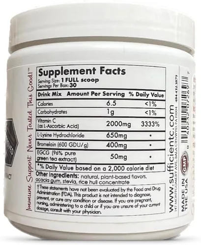 Vista 3 de Sufficient-C Mezcla de Bebida Immune-Ade de Vitamina C de Alta Dosis Sin OMG Sabor Limón Melocotón, Tamaño Conveniente de 125 Gramos con L-lisina