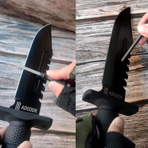 Vista 3 de Cuchillo táctico Bowie con funda de hoja fija cuchillos de caza de supervivencia con mango antideslizante y afilador y arrancador de fuego