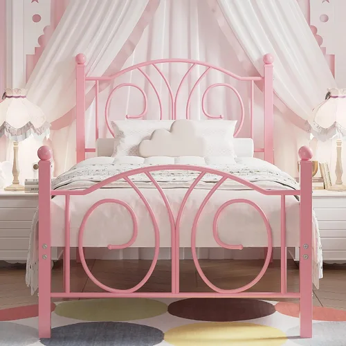 Vista 20 de VECELO - Marco de cama con dosel doble, cabecera vintage con voluta, color negro mate Twin canopy bed frame, Scrollwork metal headboard, Sturdy