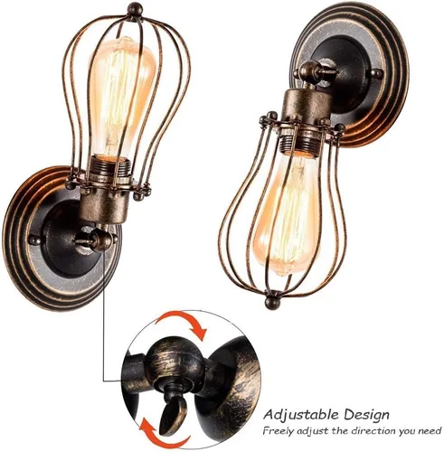 Vista 3 de Luces de pared estilo rústico americano, estilo vintage, enchufe ajustable, iluminación industrial, apliques de jaula de metal de alambre rústico