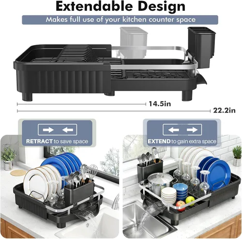 Vista 3 de [Usado] Kmiectse Escurridor de platos – Escurridor extensible para encimera de cocina, escurridor de platos de acero inoxidable con soporte