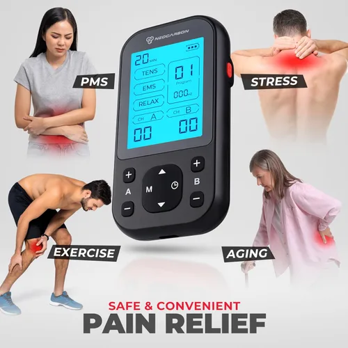 Vista 2 de NEOCARBON TENS Unit - Estimulador muscular Pro para alivio del dolor de espalda, recuperación de hombros y terapia física, máquina masajeadora Negro