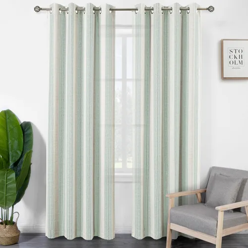 Vista 102 de DriftAway Cortinas de estilo granja con rayas verticales de lino mezclado texturizado con filtro de luz semitransparente para sala de estar