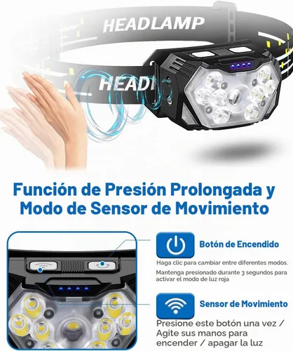 Vista 4 de Linterna frontal ultra brillante de 9 LED de 2000 lúmenes, linterna recargable USB C, 10 modos, lámpara de cabeza con sensor de movimiento