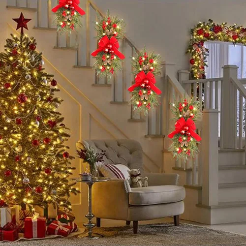 Vista 8 de Guirnalda de escaleras de Navidad preiluminada, guirnalda de Navidad, el borde de escalera preiluminado inalámbrico, coronas de Navidad para puerta