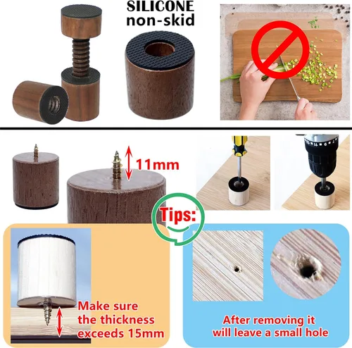 Vista 7 de Patas ajustables de nogal para tabla de cortar, patas antideslizantes