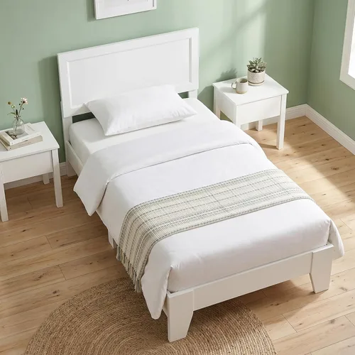 Vista 17 de KOMFOTT Base de cama de madera tamaño twin con cabecero, base de cama de plataforma de madera de acacia sólida, base de cama soportada por listones