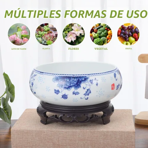 Vista 5 de Yardwe Maceta Lotus con soporte, maceta de cerámica para lirio de agua, narciso, plantas hidropónicas, suculentas, decoración de jardín de oficina