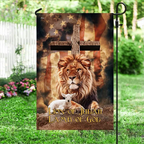 Vista 5 de Bandera estadounidense con cruz "Judah Lamb Of God" v1, de 11.5 x 17.5 pulgadas para jardín, banderas de Estados Unidos de poliéster prémium