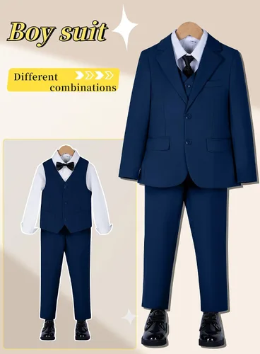 Vista 3 de Yanlu Esmóquines para Niños Trajes Formales para Niños Pequeños Conjunto Azul Negro Corte Slim para Bodas