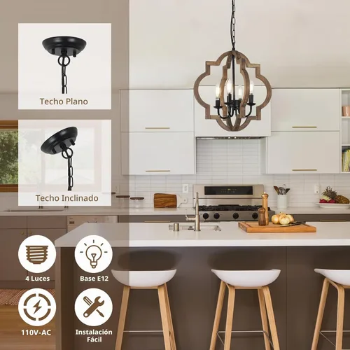 Vista 2 de Lámparas de araña de granja, lámparas de 4 luces para comedor sobre la mesa, lámparas de araña de madera maciza para comedor, lámparas rústicas