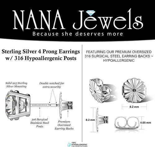 Vista 4 de Aretes de diamantes de imitación redondos de plata esterlina hipoalergénicos 0.30-8.00cttw