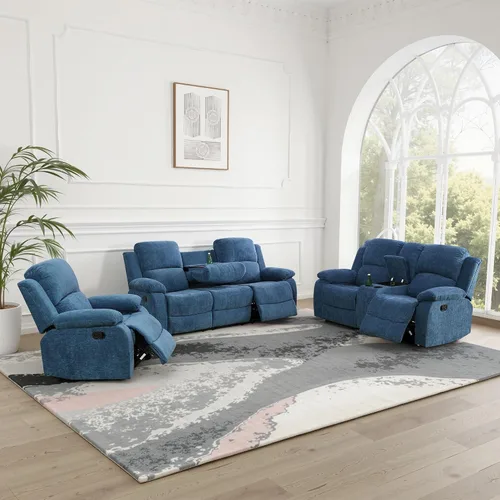 Vista 31 de Juego de sofá reclinable manual para sala de estar, juego de muebles de 3 piezas, sofá reclinable de tela Courduroy y dos sillas con mesa Azul