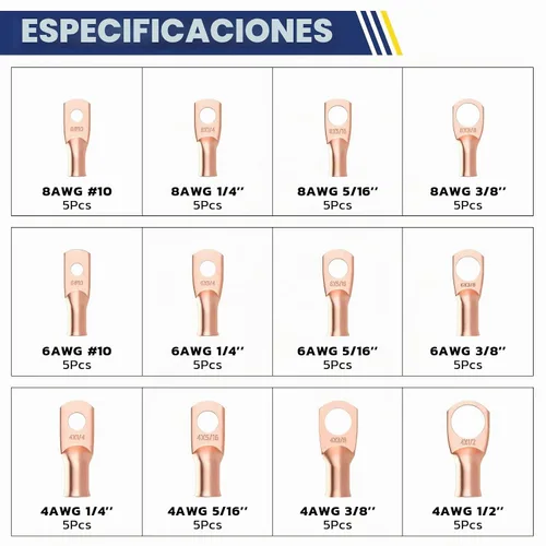 Vista 2 de Haisstronica Kit de 60 lengüetas de alambre de cobre (AWG 8 6 4), extremo de cable de batería resistente, conectores de crimpado de cobre desnudo