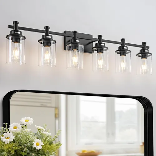 Vista 18 de Accesorios de Luz de Baño de 3 Luces, Accesorio de Luz de Tocador Negro y Dorado Cepillado Sobre Espejo, Apliques de Pared Modernos Iluminación