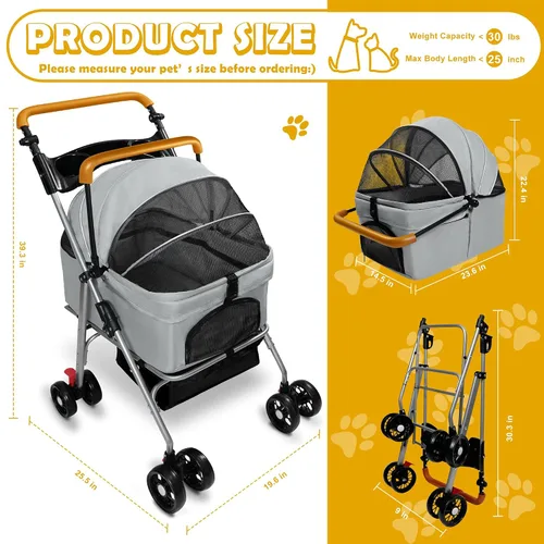 Vista 2 de Carriola de mascotas con canasta de almacenamiento y portavasos, cochecito plegable para perros, carriola plegable para gatos, carrito 3 en 1