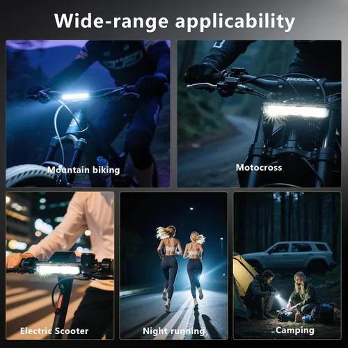 Vista 6 de Barra de luz para bicicleta eléctrica, batería recargable de luz frontal súper brillante, IPX5 impermeable, 5 modos de faros de bicicleta