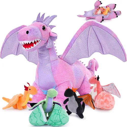 Vista 16 de Muiteiur Triceratops - Animal de peluche gigante de dinosaurio para mamá con 3 bebés pequeños, juguete de dinosaurio de felpa suave verde, regalo