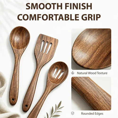 Vista 9 de KITEISCAT Cucharas de madera de acacia para cocinar: juego de utensilios de cocina y cocina de 5 piezas - espátula de madera, cuchara ranurada