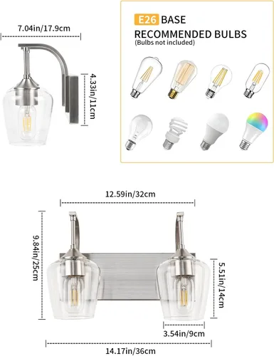 Vista 2 de foucasal Accesorios de Luz de Baño de Níquel Cepillado Luz de Tocador de Baño con Pantalla de Vidrio Transparente, 2 Luces Modernas de Pared