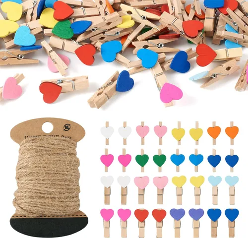Vista 9 de Pandahall - 100 pinzas de madera con forma de corazón para fotos, pinzas para papel fotográfico, pinzas doradas y plateadas, mini alfileres de ropa