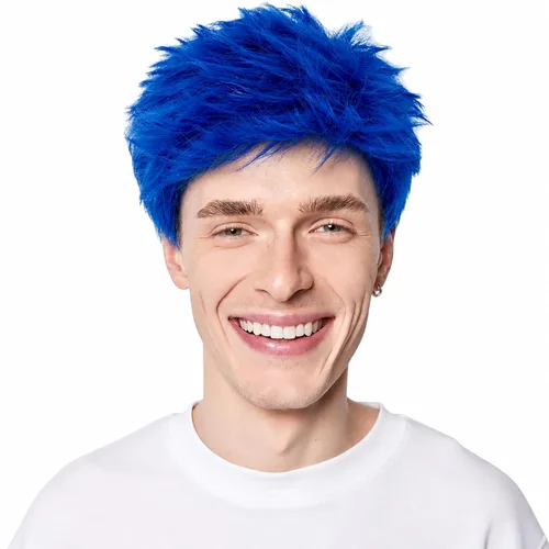 Vista 2 de Peluca azul para hombre, con capas cortas, color azul rey Azul real
