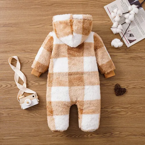 Vista 3 de MIEKISA Mameluco peludo a cuadros con capucha para bebés, niños y niñas, otoño e invierno