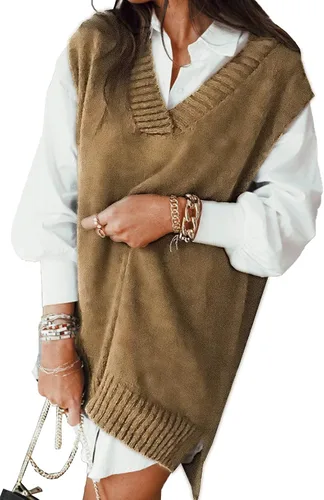 Vista 10 de EVALESS Chaleco Suéter de Gran Tamaño para Mujeres Cuello en V Sin Mangas Color Sólido Suéter Pullover Suelto 1 caqui.