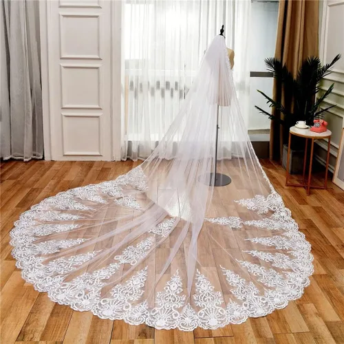 Vista 4 de Zhangyo Velo de novia de tul suave con peine de encaje largo velo catedral nupcial 9.8 ft gota velo pelo peine para novias CXL062