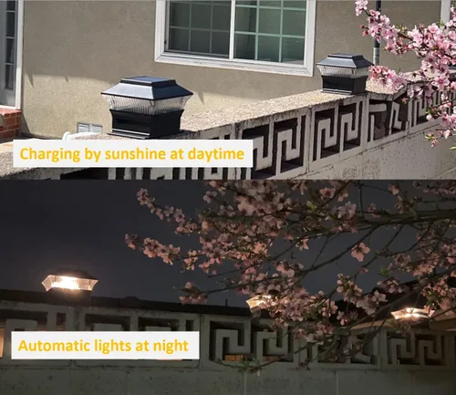 Vista 4 de Luces solares para tapa de poste (paquete de 2) – LED blanco cálido de 25 lúmenes, se adapta a 3.5 x 3.5 pulgadas y 4 x 4 pulgadas de madera/vinilo