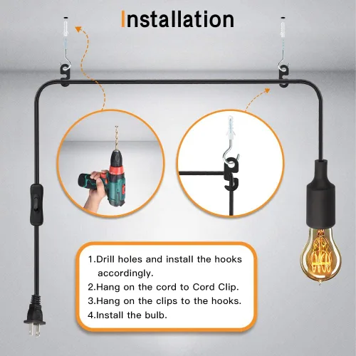 Vista 5 de Cable de luz colgante de 15 pies con enchufe, cable de extensión negro E26 Plug In Pendant Light Socket, Light Bulb Socket With On Off Switch, E27
