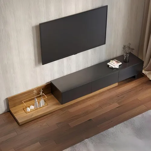 Vista 2 de homary Soporte extensible de madera para TV, centro de entretenimiento rectangular, consola multimedia con 3 cajones (negro y nogal)