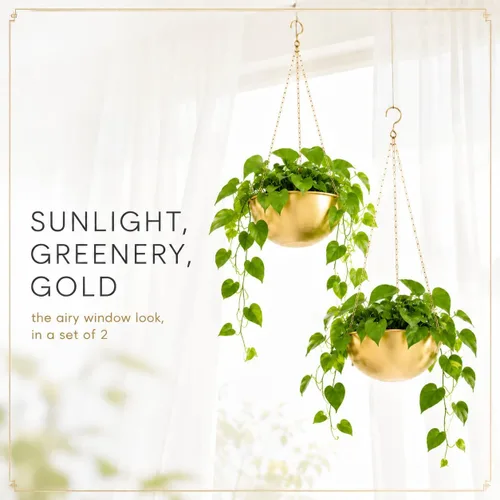 Vista 5 de AceList Paquete de 2 macetas colgantes doradas para plantas de interior, colgador de plantas de metal bohemio de 9.8 pulgadas para interiores