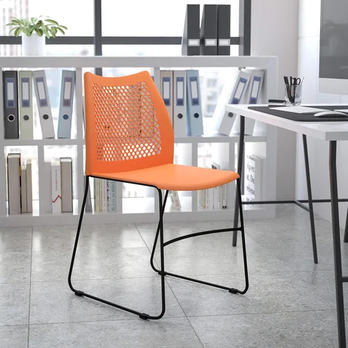 Vista 12 de EMMA + OLIVER Silla apilable con base de trineo negro para el hogar y la oficina con respaldo de ventilación de aire, silla de invitados