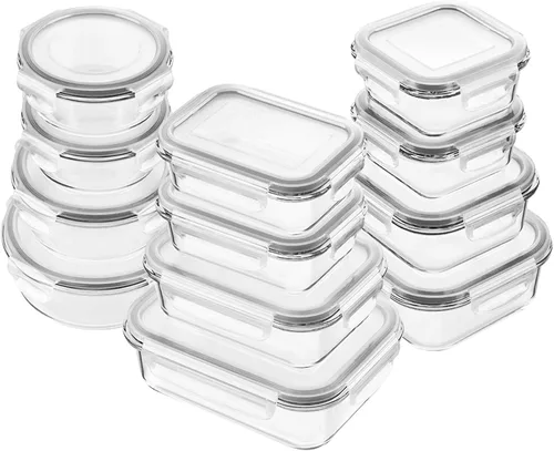 Vista 8 de Bayco Contenedores de vidrio para almacenamiento de alimentos con tapas, 24 piezas, preparación de comidas, cajas Bento herméticas, a prueba de Azul