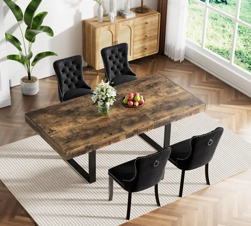 Vista 18 de Juego de mesa de comedor extensible marrón de 63 a 78.74 pulgadas para 4, juego de mesa de comedor de 5 piezas con 4 sillas tapizadas, mesa